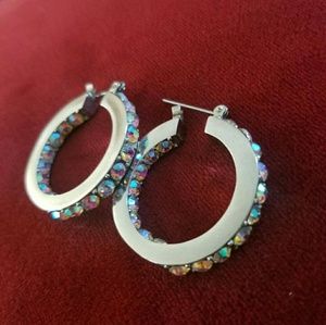 Silver aurora borealis stone hoop earrings